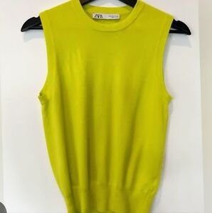 Zara Neon Yellow Sleeveless Top Light Knit Sweater Material Tunic Sleeveless S